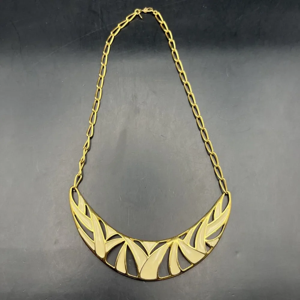 Vintage Monet Enamel Bib Collar Necklace Cream Gold Tone Abstract Design 80s
